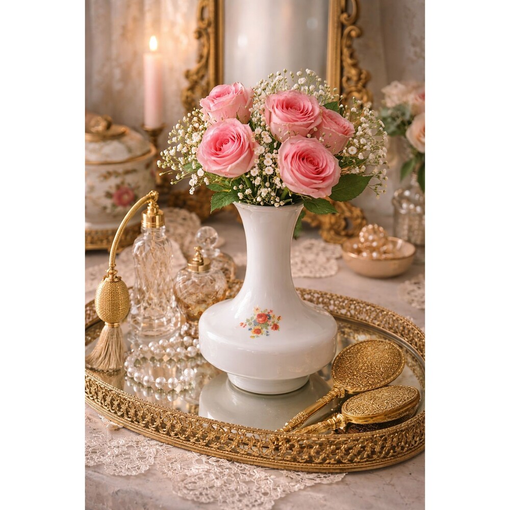 Vintage Satin Glass Floral Vase | Mid Century Cased Glass Vase | Floral Detail